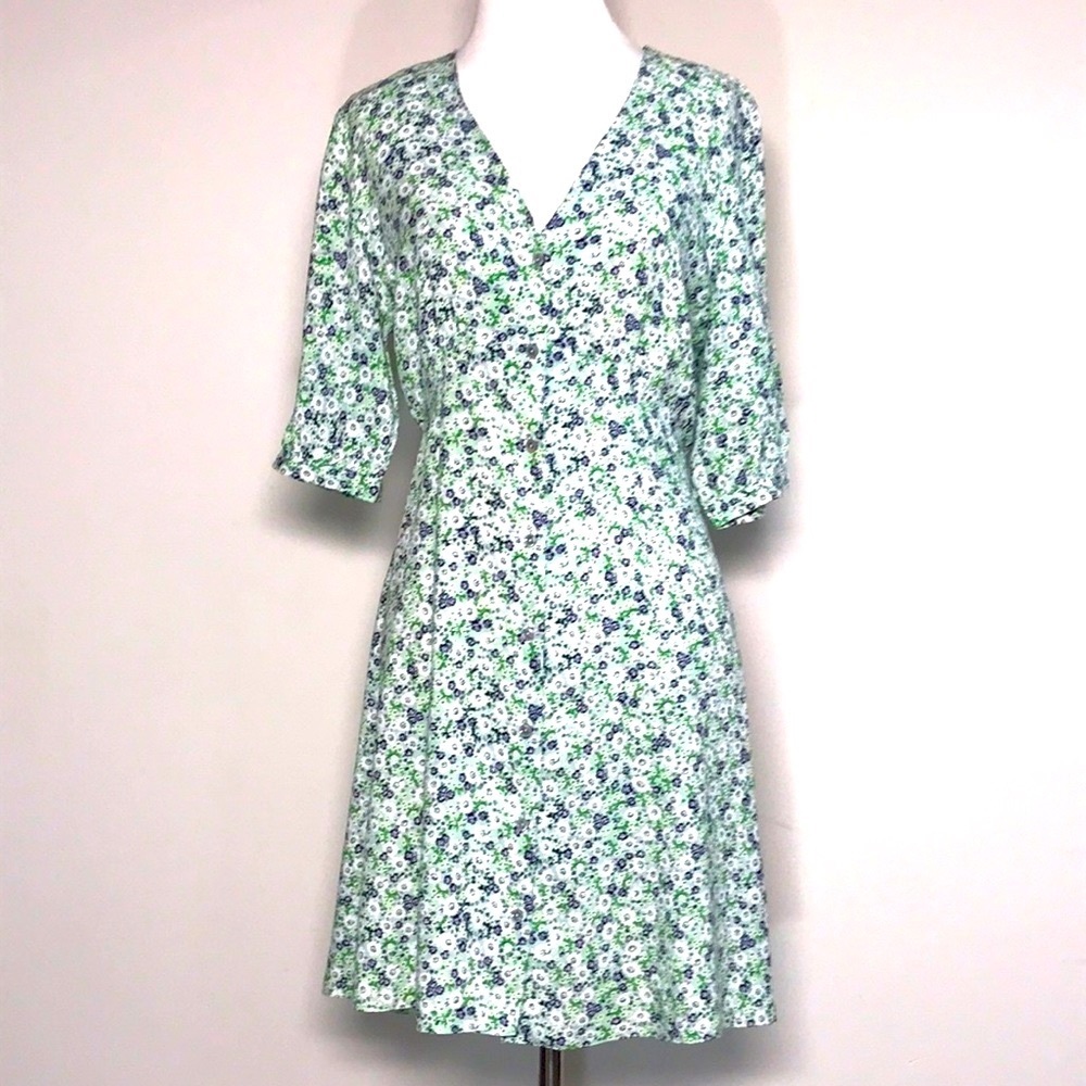 Miss Selfridge Women’s Green & Blue Floral Blouson Midi Shirt Dress Size 6